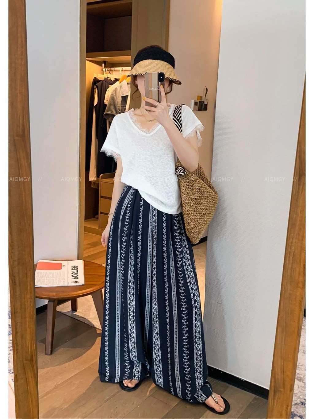 Lan ~ Bohemian Hoa Rộng Quần Nữ Mùa Hè Lười Rời Thoáng Mát Mát Băng Lụa Quần Eo Cao Drap Sàn Đi Bộ Quần Cong