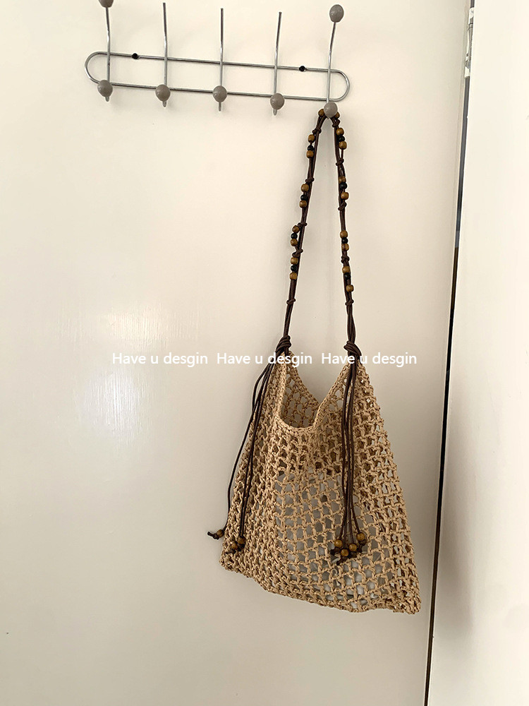 Have u desgin Túi xách một vai phong cách retro đính hạt, dung tích lớn, đi biển, dệt rơm