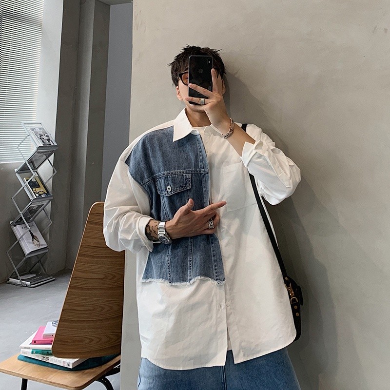 Mô tả Áo khoác denim khâu màu tương phản dáng rộng phong cách retro dành cho nam IELGY - 2