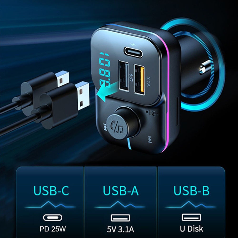 Sạc Xe Hơi Dual PD 25W FM USB3.1A + PD3.1A Bộ Chuyển Đổi Bluetooth Không Dây rảnh Tay Stereo Mp3 Máy Nghe Nhạc FM Modulator