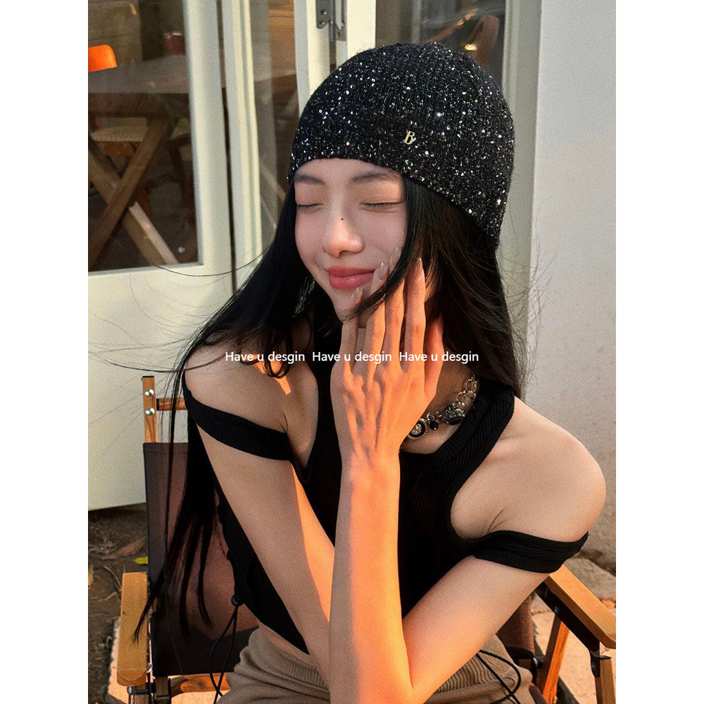 Have u desgin Ngôi Sao Hàn Quốc Gwon Ji-Dragon jennie Cùng Phong Cách Mũ Lạnh Thu Đông Cô Gái Đính Kim Sa Lấp Lánh Mũ Baotou Hợp Thời Trang