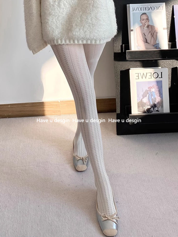 Have u desgin Xuân Thu Pháp Retro Tình Yêu Jacquard Co Giãn Quần Sữa Trắng Nhung Ôm Hơn Nhìn Đáy Tất