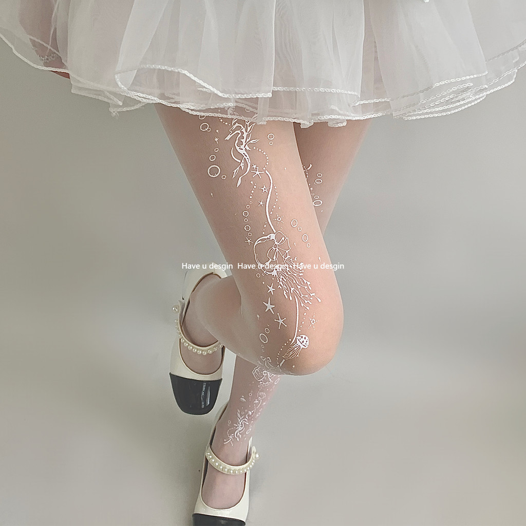Have u desgin Ocean In Tất Trắng Pure Desire Dễ Thương Gothic Tất Nữ Xuân Hè Mỏng Trắng Vớ