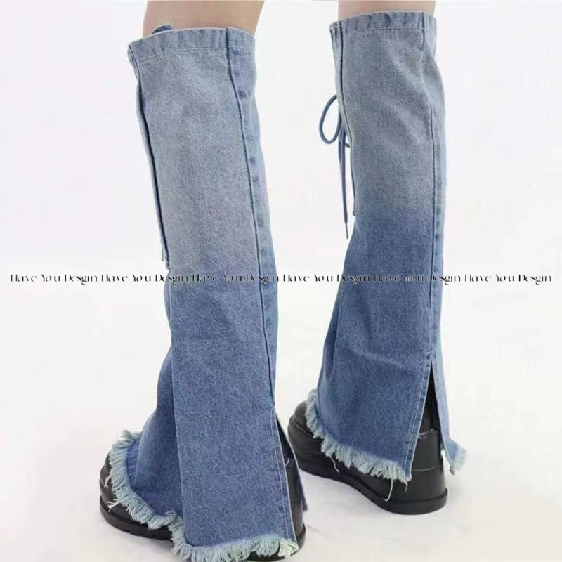 Millennium Hot Girl Màu Gradient Denim Chân Bao Mỏng Hơn Nhìn Cao Cấp Thiết Kế Cảm Giác Ren Tua Rua Giữa Ống Cọc Giày Tất Phù Hợp Với