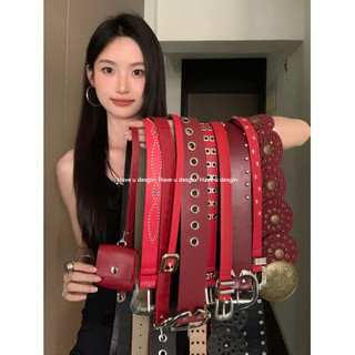 Thắt lưng đỏ nữ cao cấp retro đính đá, phù hợp váy & jeans, thời thượng