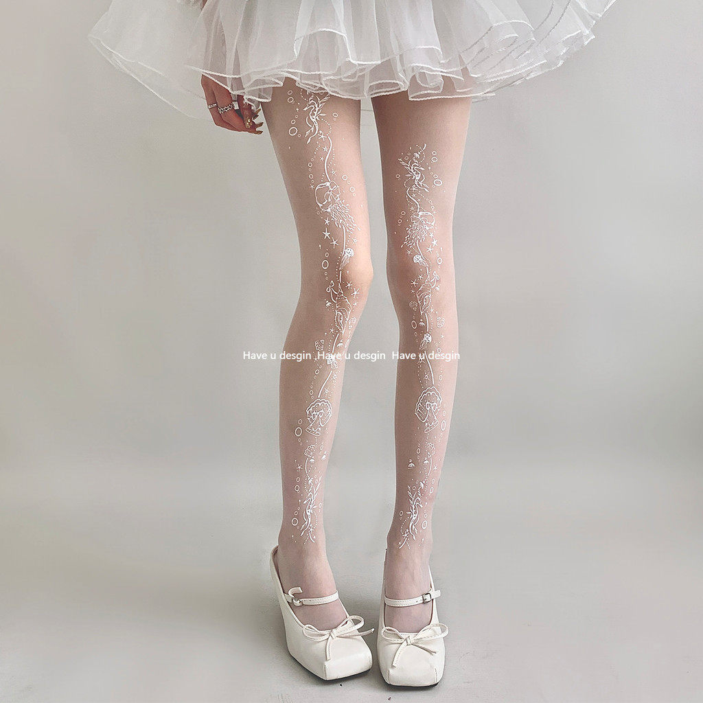 Have u desgin Ocean In Tất Trắng Pure Desire Dễ Thương Gothic Tất Nữ Xuân Hè Mỏng Trắng Vớ