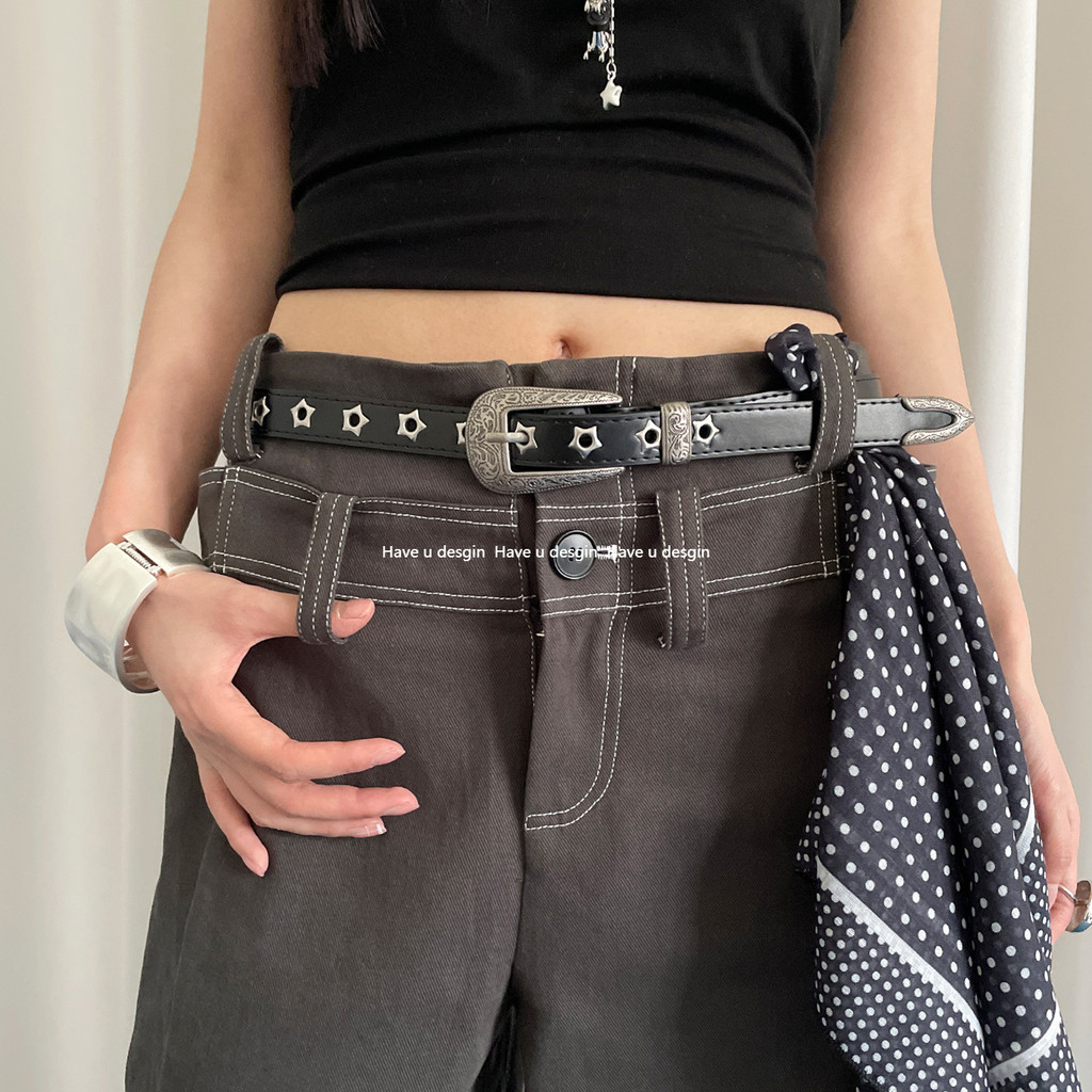 Thắt lưng nữ retro khắc không đục lỗ, thiết kế Y2K phù hợp với quần jean và váy