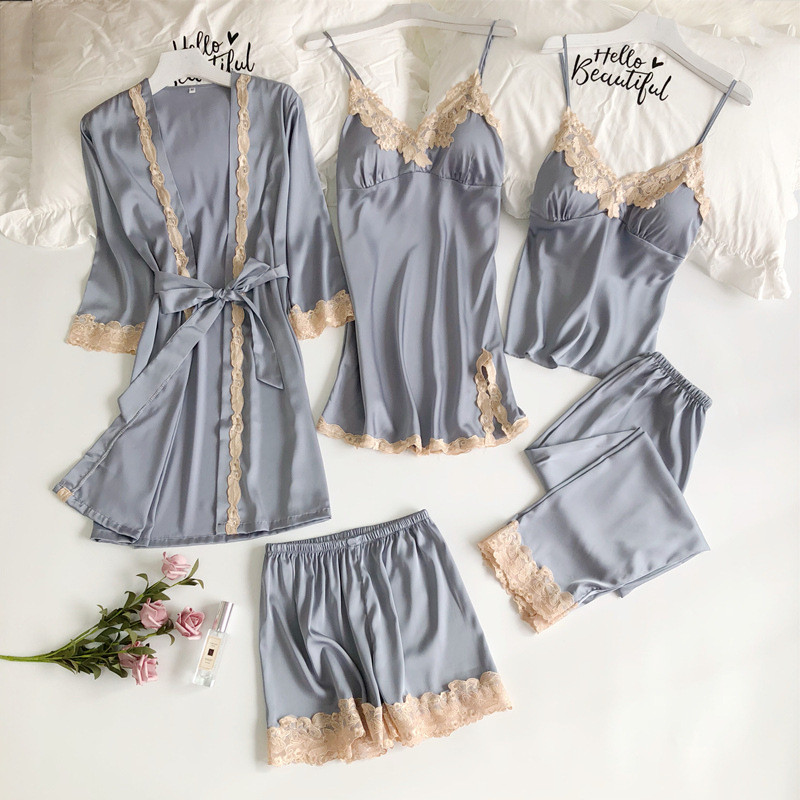 Bộ đồ ngủ sang trọng bằng lụa có đệm tích hợp cổ chữ V Trang phục gia đình năm mảnh sang trọng ở nhiều phụ nữ cho màu sắc