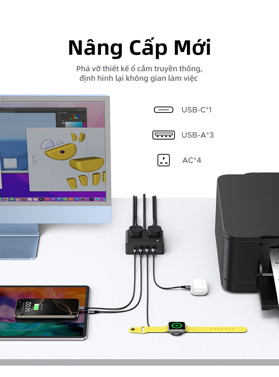 Bảng cắm ổ cắm UGREEN S6 Magic Cube với bảng cắm đa chức năng USB Trạm ...