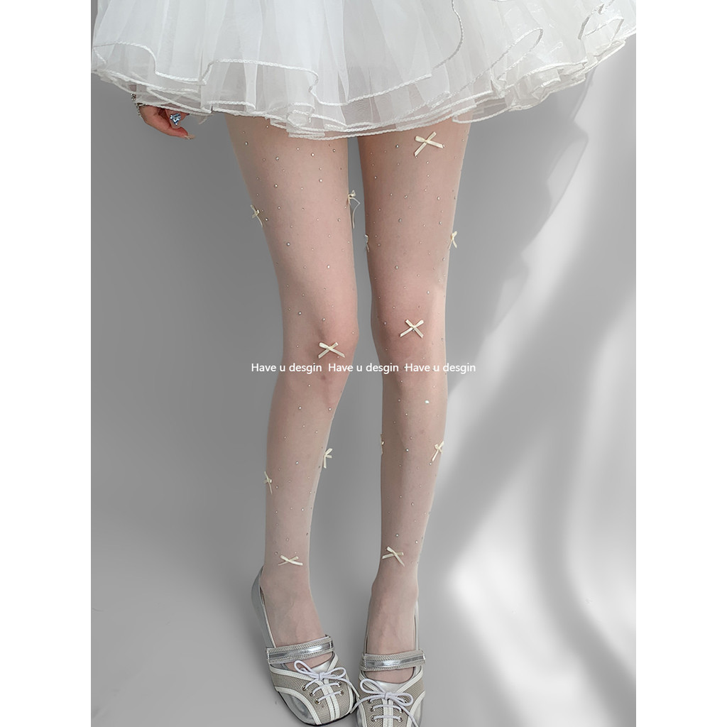 Have u desgin Vớ Trắng Kèm Kim Cương Phong Cách Ba Lê Chống Chảy xệ Quần Nữ Nơ Pure Desire Trắng Lụa Mỏng