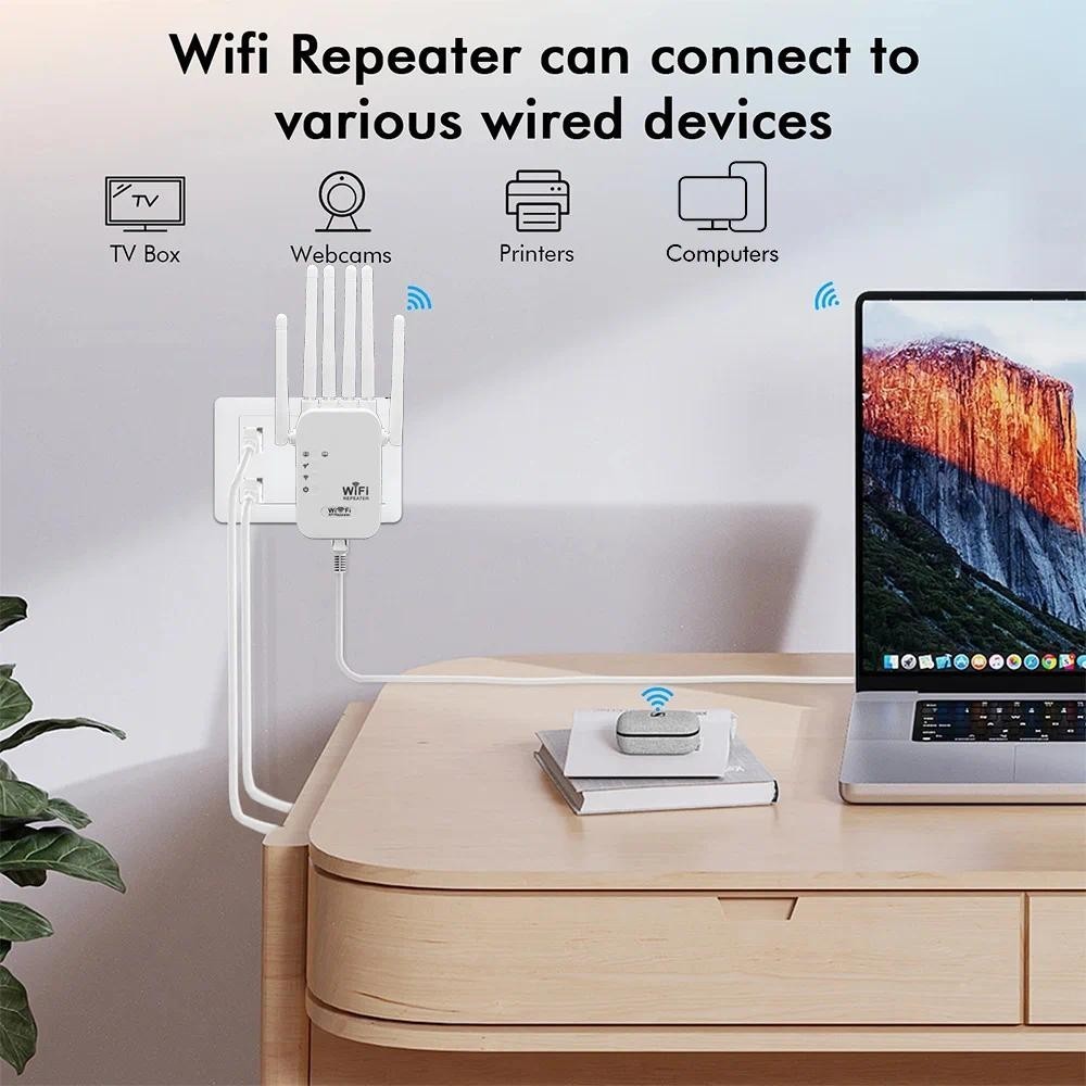Bộ lặp Wifi không dây 1200Mbps Đa đặc trưng 6 Ăng-ten Tăng cường phạm vi tín hiệu 2.4G + 5G Bộ khuếch đại mạng băng tần kép 2 cổng cáp mạng