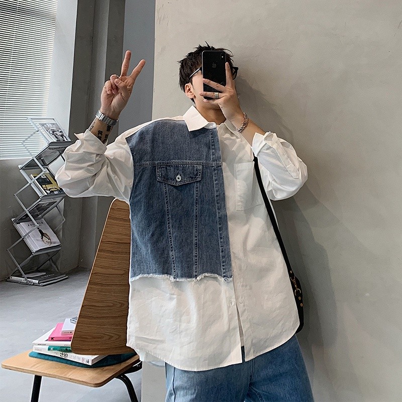 Mô tả Áo khoác denim khâu màu tương phản dáng rộng phong cách retro dành cho nam IELGY - 3