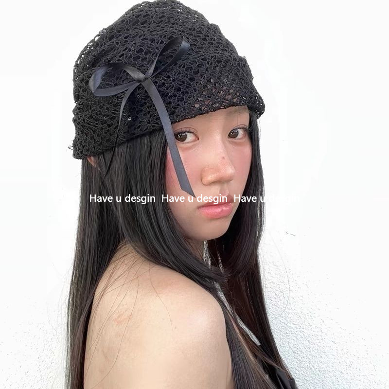 Có bạn desgin
 Dễ Thương Nơ Đen Mũ Lạnh Nữ Phù Hợp Với Phiên Bản Hàn Quốc Co Giãn Baotou Mũ Ren Hợp Thời Trang Mùa Hè Nhìn Nhỏ Phù Hợp Với