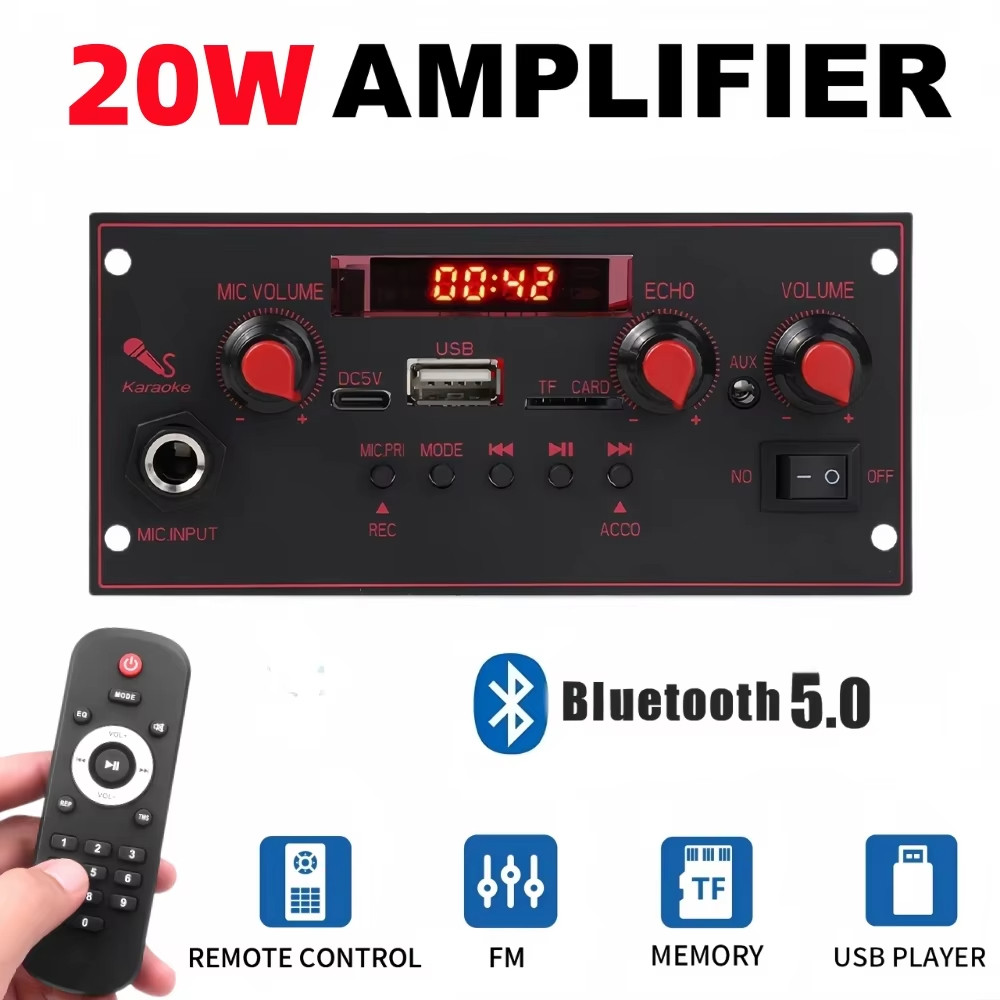 Bộ khuếch đại Bluetooth Bộ giải mã 20W DC 5V 6.5mm Micro Đài FM TF USB Âm thanh xe hơi Máy nghe nhạc Loa Điều khiển âm lượng DIY