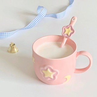 Cốc gốm hồng Sakura Thiết kế thích hợp dễ thương dập nổi bằng thìa Cốc ăn sáng
