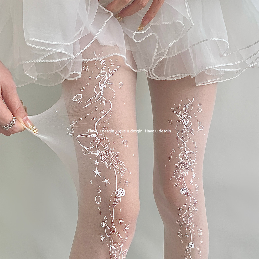 Have u desgin Ocean In Tất Trắng Pure Desire Dễ Thương Gothic Tất Nữ Xuân Hè Mỏng Trắng Vớ