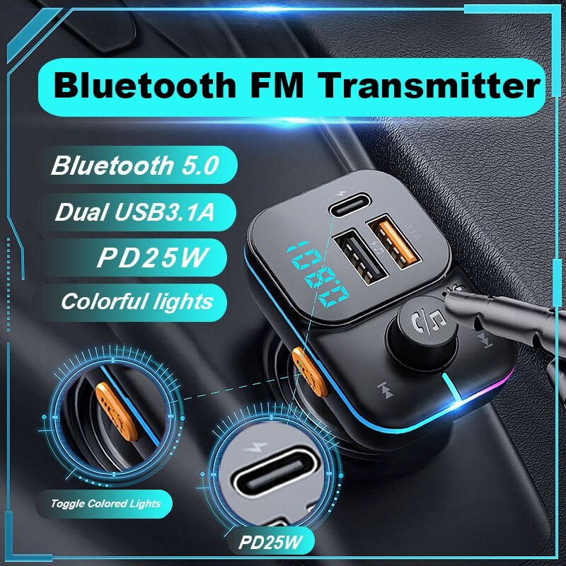 Sạc Xe Hơi Dual PD 25W FM USB3.1A + PD3.1A Bộ Chuyển Đổi Bluetooth Không Dây rảnh Tay Stereo Mp3 Máy Nghe Nhạc FM Modulator