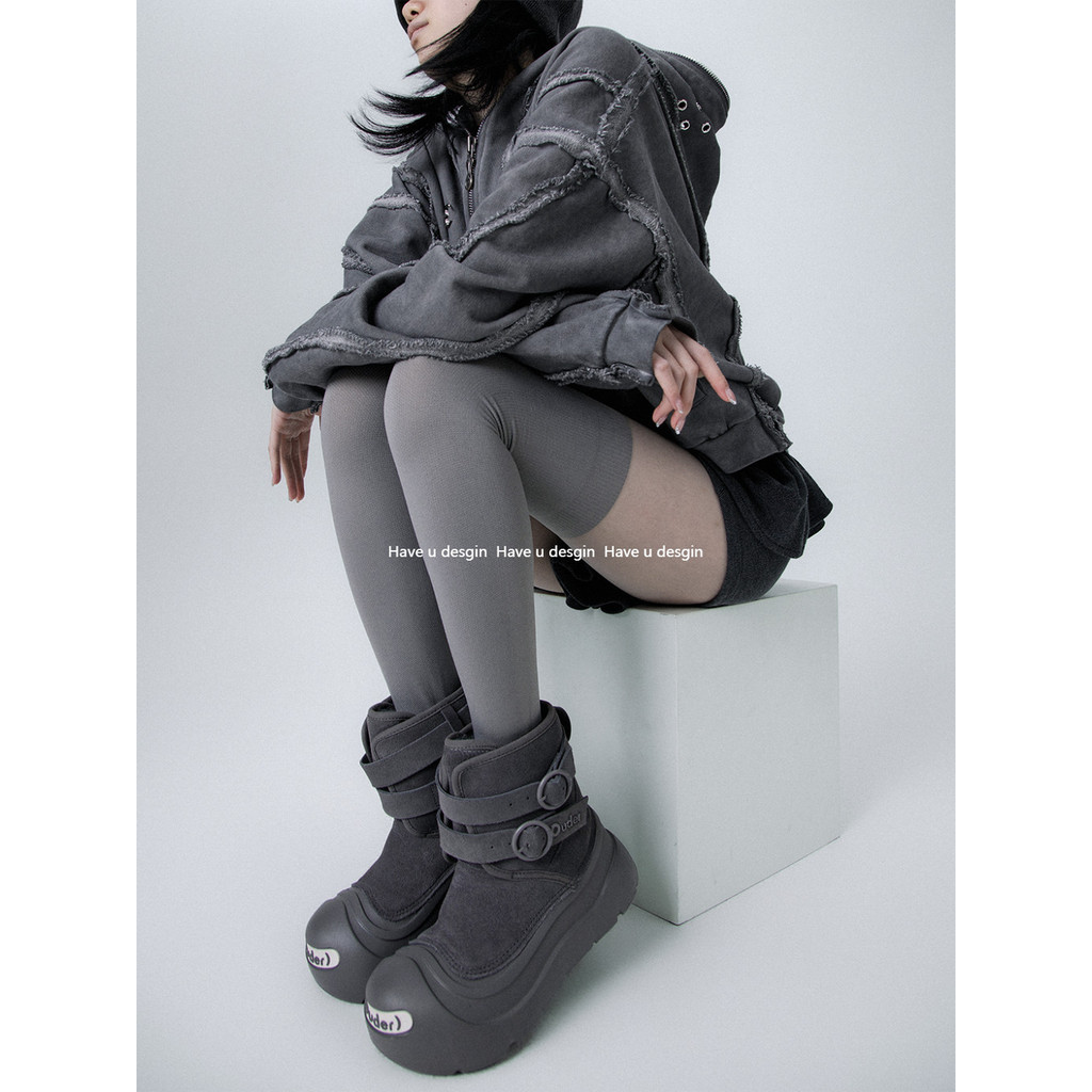 Have u desgin Thu Đông Đen Xám Over-the-Knee Terry Ấm Đùi Khâu Stocking
