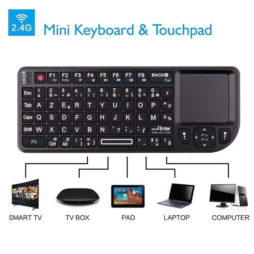 Bàn Phím Không Dây Mini 2.4G RF Tây Ban Nha Pháp Nga Bàn Phím Tiếng Anh Đèn Nền Chuột Bàn Di chuột Cho PC Notebook Hộp Tivi Thông Minh
