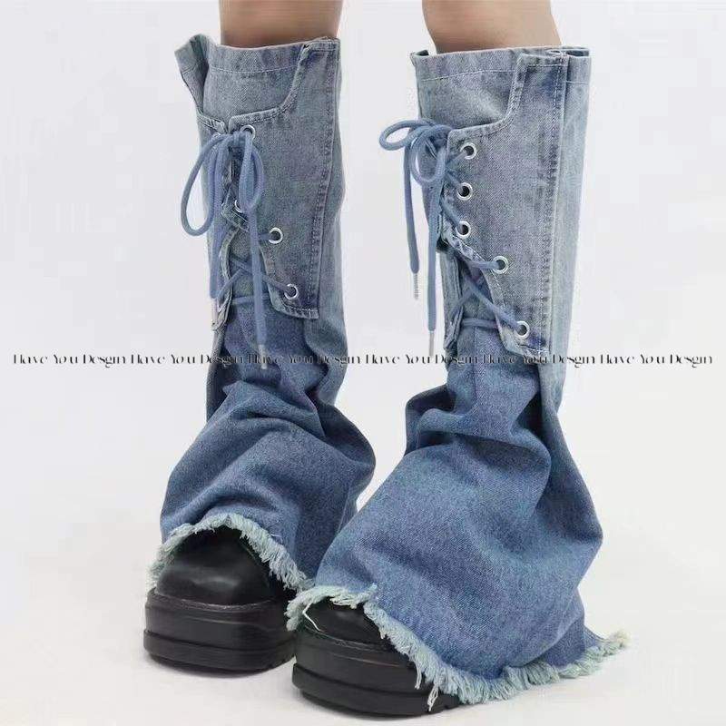 Millennium Hot Girl Màu Gradient Denim Chân Bao Mỏng Hơn Nhìn Cao Cấp Thiết Kế Cảm Giác Ren Tua Rua Giữa Ống Cọc Giày Tất Phù Hợp Với