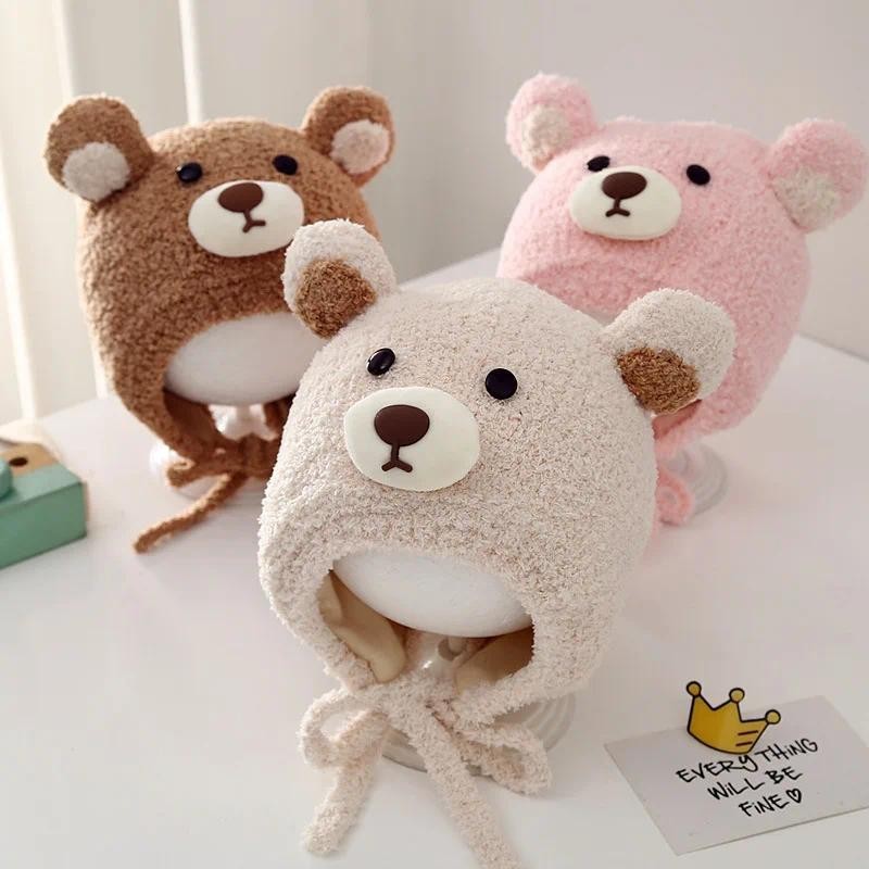 Mũ len hình chú Gấu Bịt Tai có dây buộc cho  Bé Trai Bé Gái Thu Đông - Nón len nhiều màu cho bé(Tuyển   )