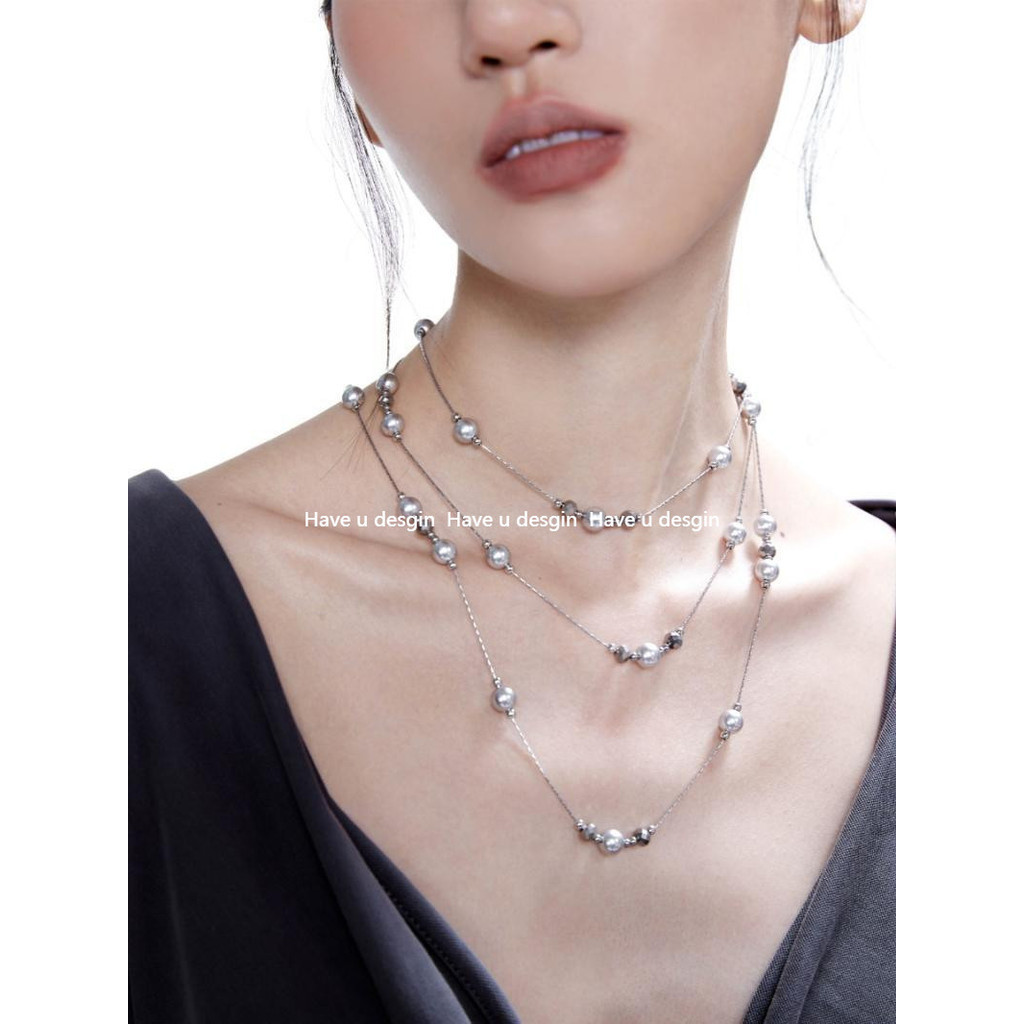 Have u desgin Broken City Nguyên Bản Bạc Xám Ngọc Trai Gypsophila Vòng Cổ Dài Dây Chuyền Áo Len