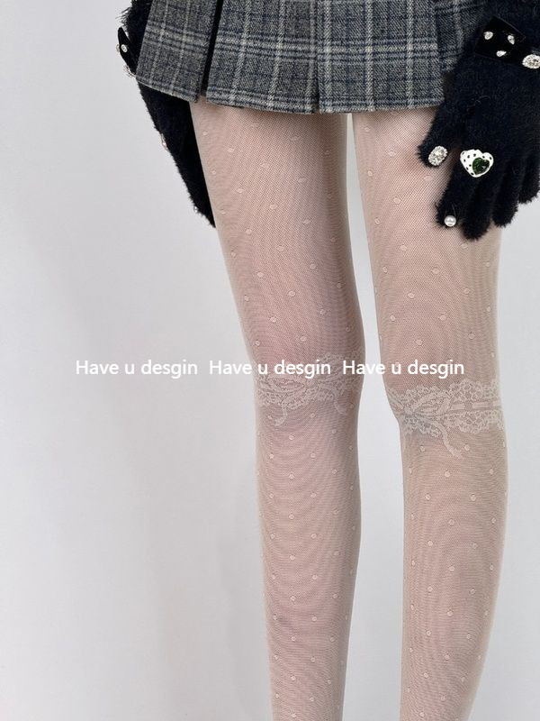 Have u desgin Nhật Bản Pure Desire Cô Gái Mềm Mại Mặc Đùi Khâu Jacquard Ren Quần Mỏng Phong Cách Chấm Bi Trắng Vớ Nữ