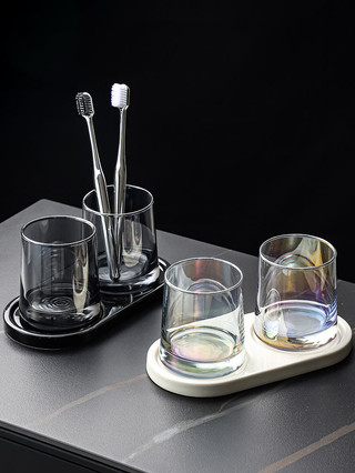 Shop B & B Bộ cốc nước súc miệng màu đen có khay lưu trữ Cặp đôi Rửa bàn chải đánh răng Cốc bàn chải đánh răng thủy tinh gia dụng Cốc bàn chải đánh răng
