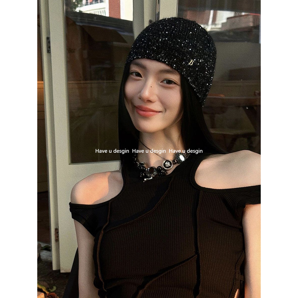 Have u desgin Ngôi Sao Hàn Quốc Gwon Ji-Dragon jennie Cùng Phong Cách Mũ Lạnh Thu Đông Cô Gái Đính Kim Sa Lấp Lánh Mũ Baotou Hợp Thời Trang
