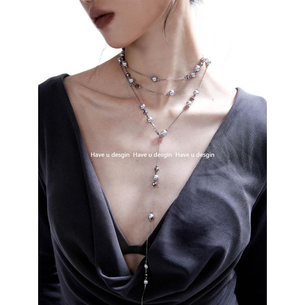 Have u desgin Broken City Nguyên Bản Bạc Xám Ngọc Trai Gypsophila Vòng Cổ Dài Dây Chuyền Áo Len