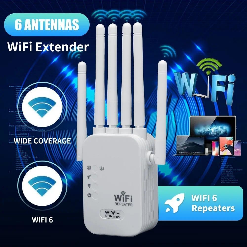 Bộ lặp Wifi không dây 1200Mbps Đa đặc trưng 6 Ăng-ten Tăng cường phạm vi tín hiệu 2.4G + 5G Bộ khuếch đại mạng băng tần kép 2 cổng cáp mạng