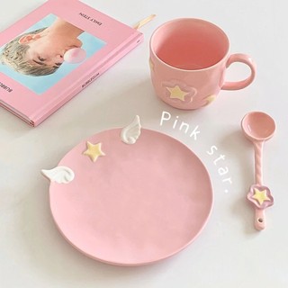 Cốc gốm hồng Sakura Thiết kế thích hợp dễ thương dập nổi bằng thìa Cốc ăn sáng