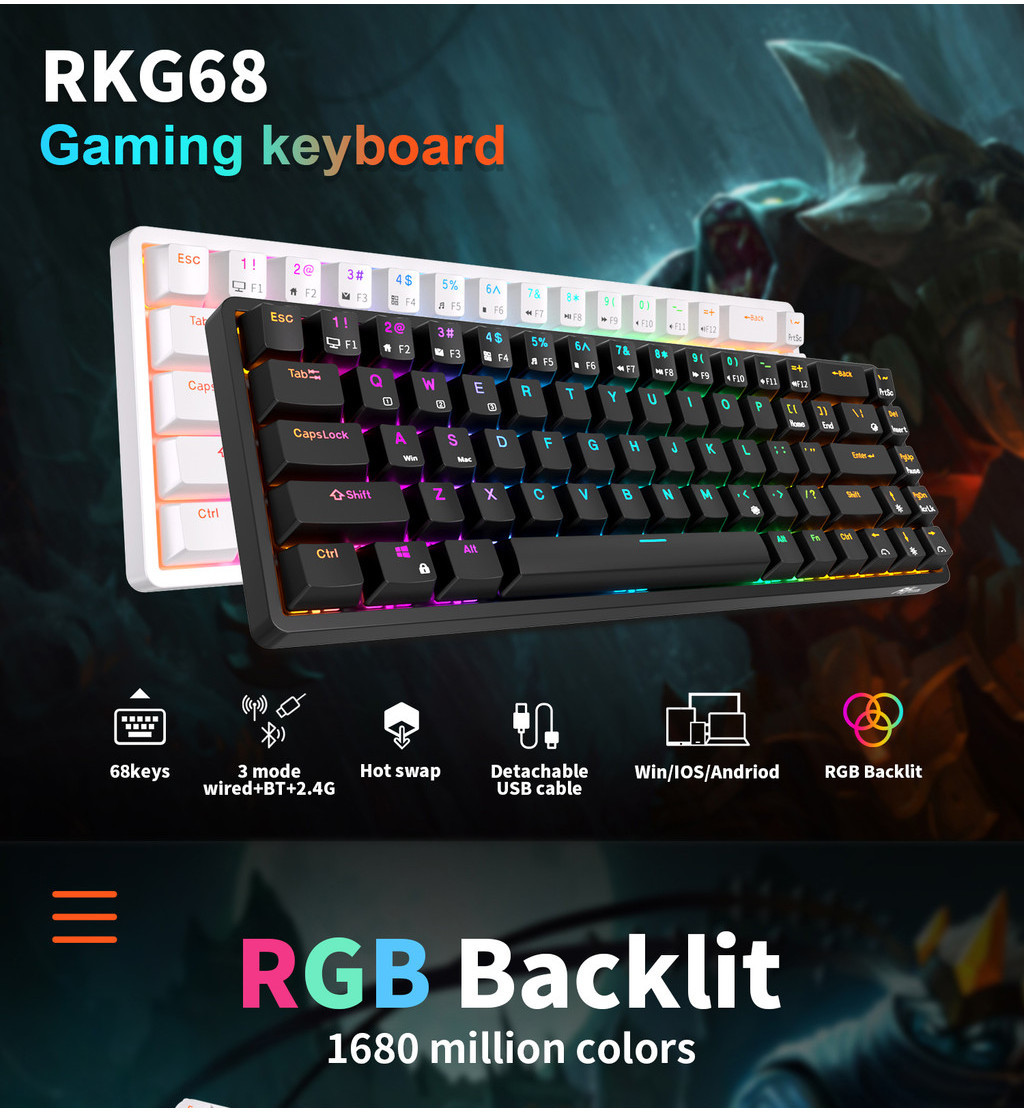 Mô tả Bàn phím không dây Mini cơ khí Royal Kludge RK837 RKG68 Bluetooth 2.4G Bàn phím 3 chế độ 68 phím có đèn nền RGB 60% RK G68 - 1