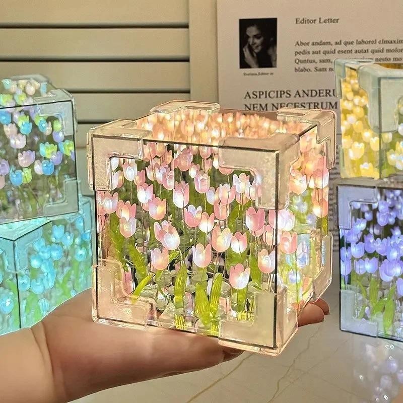Mô Phỏng Hoa Phòng Ngủ Đèn Bàn Ngủ DIY Tulip Gương Khối Đèn Thủ Công Hoa Tulip Gương Đèn Ngủ Cho Quà Tặng Sinh Nhật