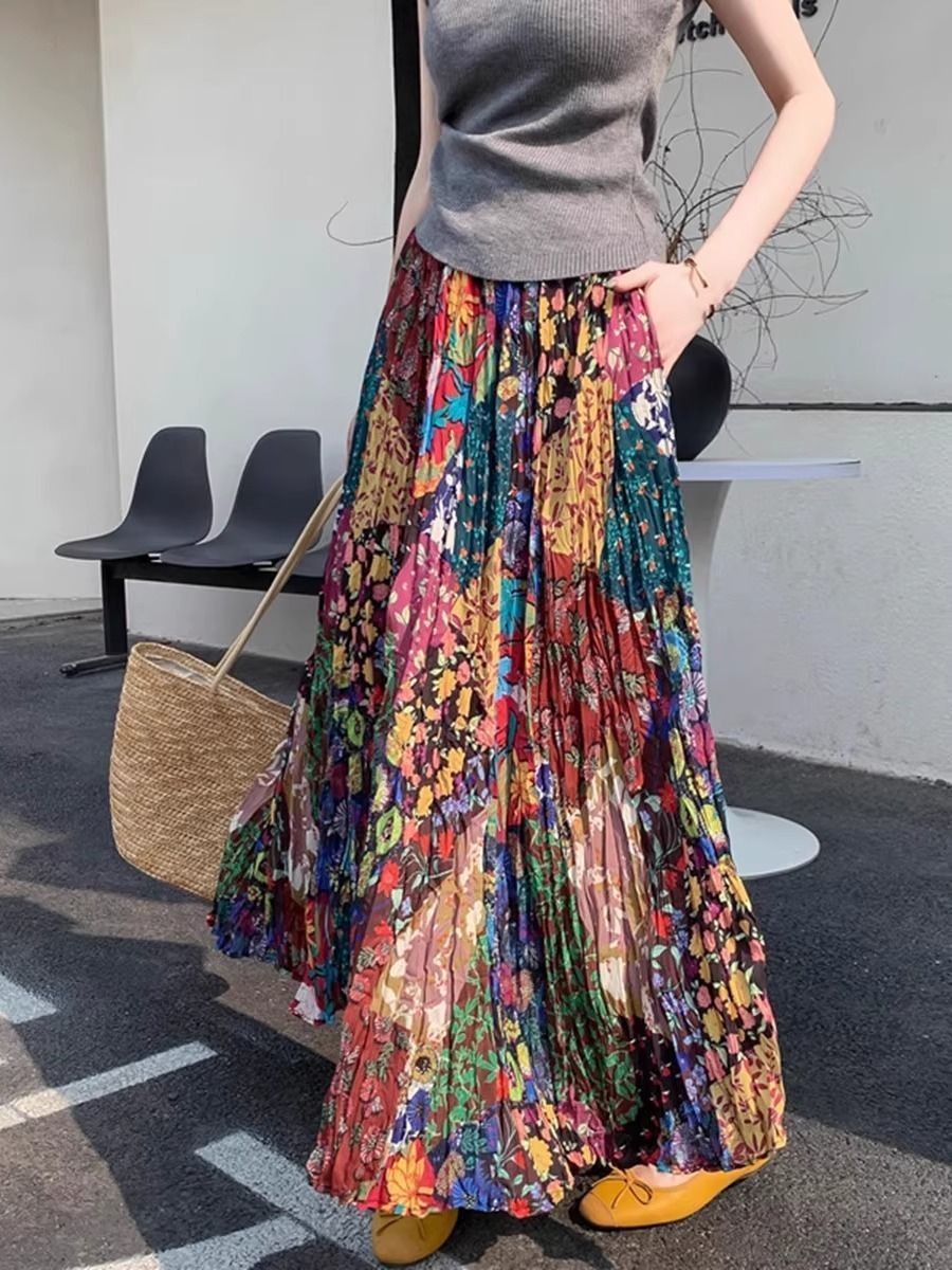 Váy nửa chiều dài bohemian cao cấp cho mùa hè với thiết kế in hình màu sắc tuyệt đẹp, phù hợp du lịch và nghỉ dưỡng.