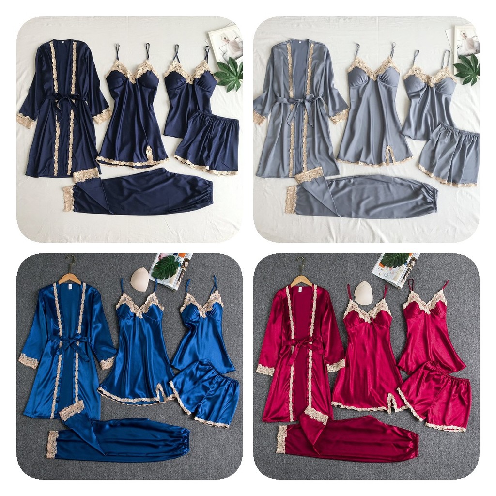 Bộ đồ ngủ sang trọng bằng lụa có đệm tích hợp cổ chữ V Trang phục gia đình năm mảnh sang trọng ở nhiều phụ nữ cho màu sắc