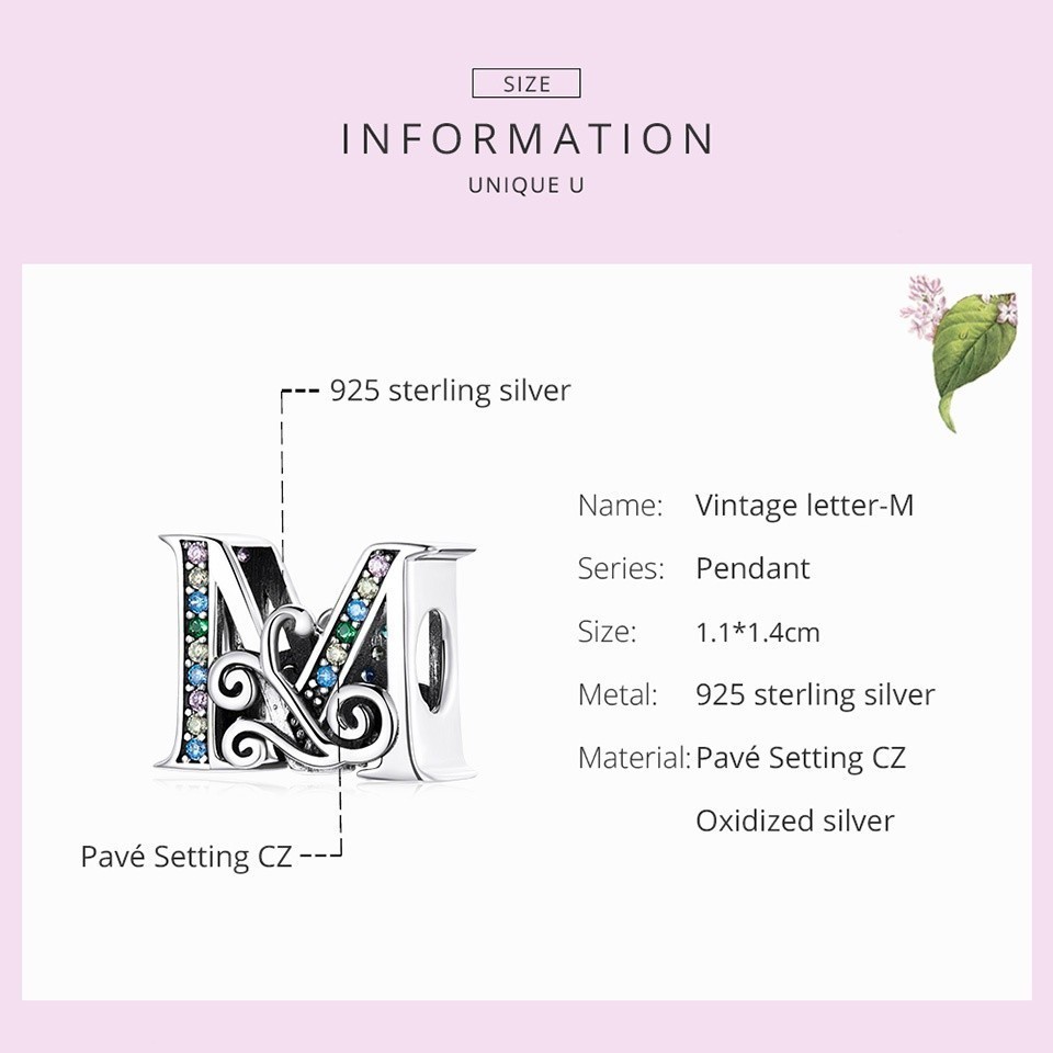 Mô tả Bamoer Hạt Charm Bạc 925 Chữ Cái A~Z Cho Tự Làm Vòng Tay Vòng Cổ Bán Phụ Kiện - 12