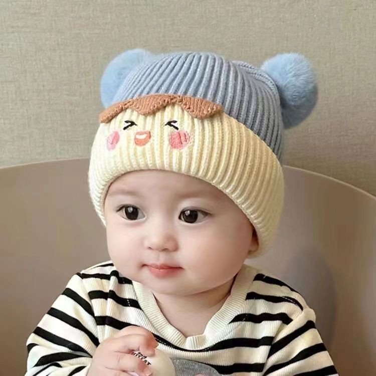 Mũ 2 quả bông trẻ em dệt kim nhiều màu cho bé trai bé gái bảo vệ tai