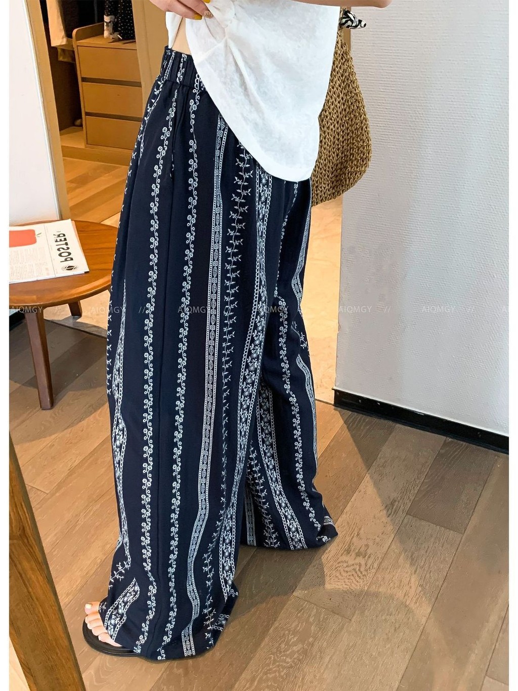 Lan ~ Bohemian Hoa Rộng Quần Nữ Mùa Hè Lười Rời Thoáng Mát Mát Băng Lụa Quần Eo Cao Drap Sàn Đi Bộ Quần Cong