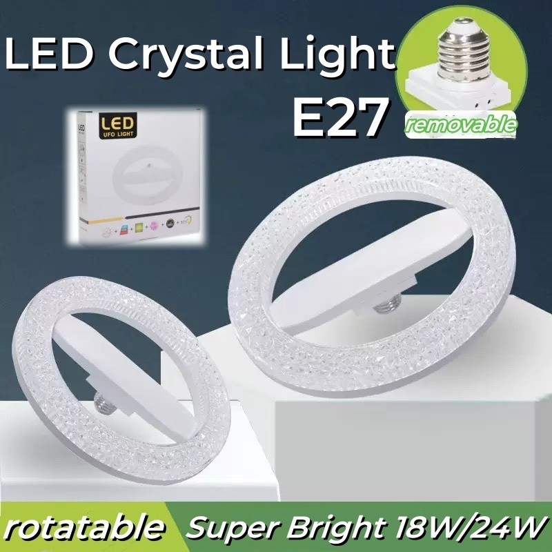 2 Bóng Đèn Led UFO E27 Đèn Pha Lê Tròn Siêu Sáng18W / 24W Ổ Cắm Chiếu Sáng Trần 6500K AC85-265V Đèn Chùm Ánh Sáng Ban Ngày Phòng Ngủ Dụng Cụ Chiếu Sáng