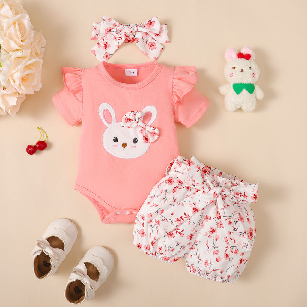 Mô tả Bộ áo liền quần tay thêu lông tơ 3 mảnh cho bé gái mùa hè + Quần short in hoa + Băng đô - Bộ trang phục dễ thương thông thường - 1