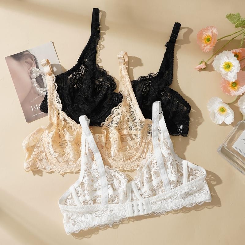Mô tả ECMN Bộ áo ngực và quần lót ren một lớp gợi cảm rỗng dành cho nữ cỡ lớn Áo ngực nâng ngực không đệm - 4