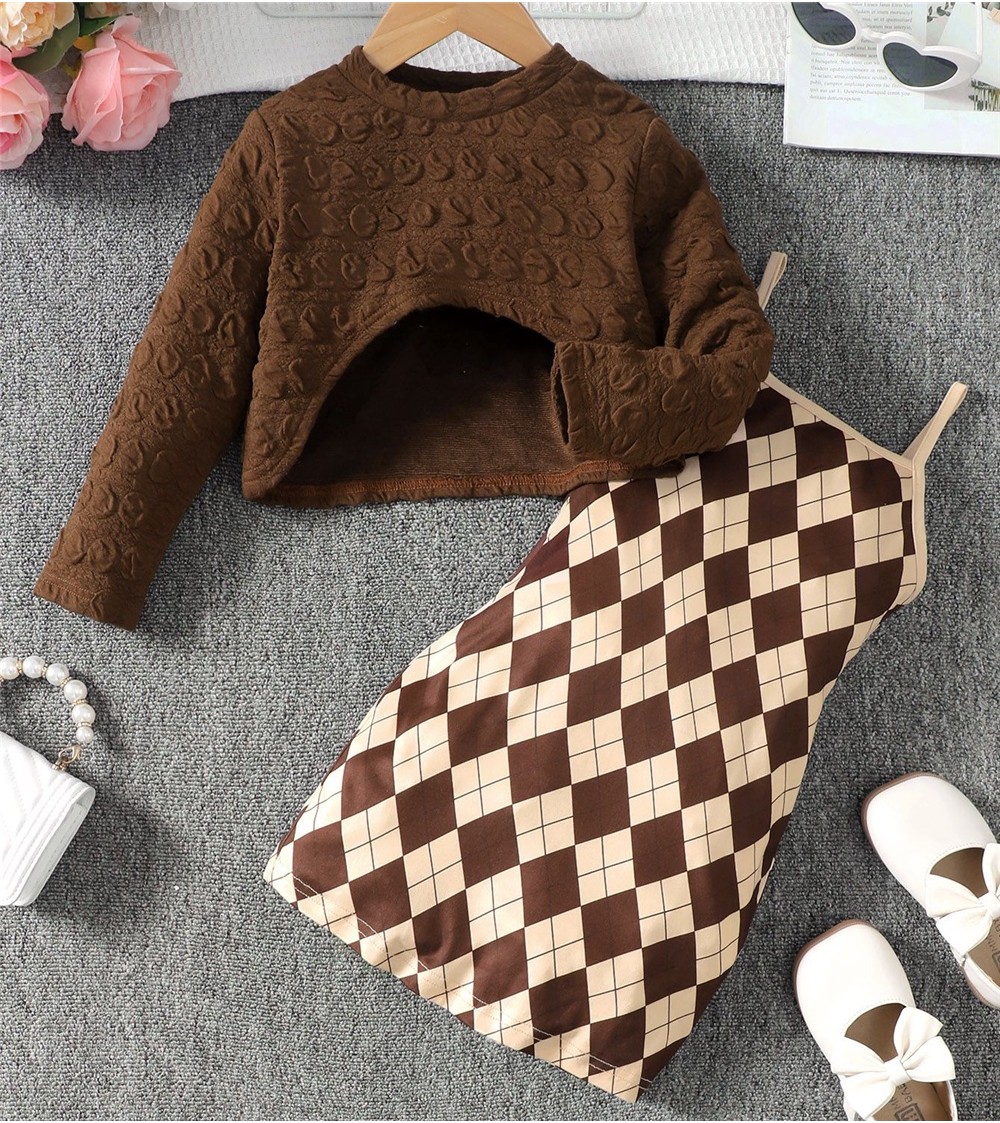Mô tả 1-8years trẻ em bé gái mùa thu quần áo hàng ngày bộ áo dài tay + dây đeo váy kẻ sọc thời trang đáng yêu 2 cái trang phục - 2