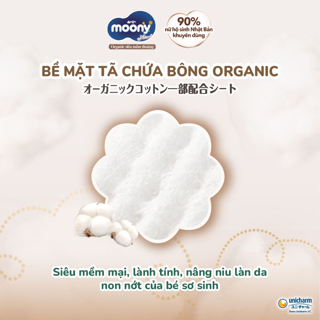 Mô tả Tã dán Moony Natural siêu cao cấp NB62+4/S58+2/M46/L38 - 3
