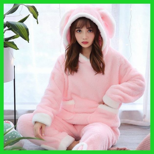 Phong Cách Mới Bộ Đồ Ngủ Mùa Đông Lông Cừu Ấm Áp San Hô Bộ Đồ Ngủ Nữ Thu Đông Dày Lông Ngọt Ngào Thỏ Dễ Thương Có Mũ Trùm Đầu Ấm Áp Có Thể Mặc Bên Ngoài Quần Áo Gia Đình