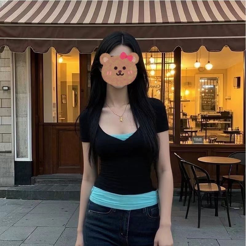 Lan ~ mùa hè Phong Cách Mới Màu Trơn Tay Ngắn Bên Trong Đáy Chữ v Thiết Kế Cảm Thấy Màu Sắc Tương Phản Giả Áo Thun Hai Mảnh Mẫu