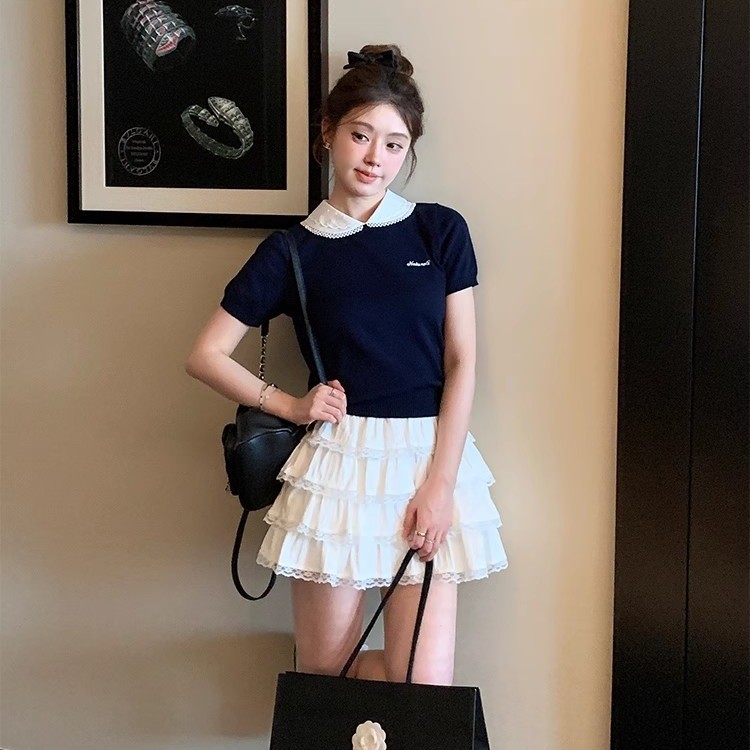 87448 Áo thun ngắn tay dệt kim cổ búp bê khâu | Shopee Việt Nam