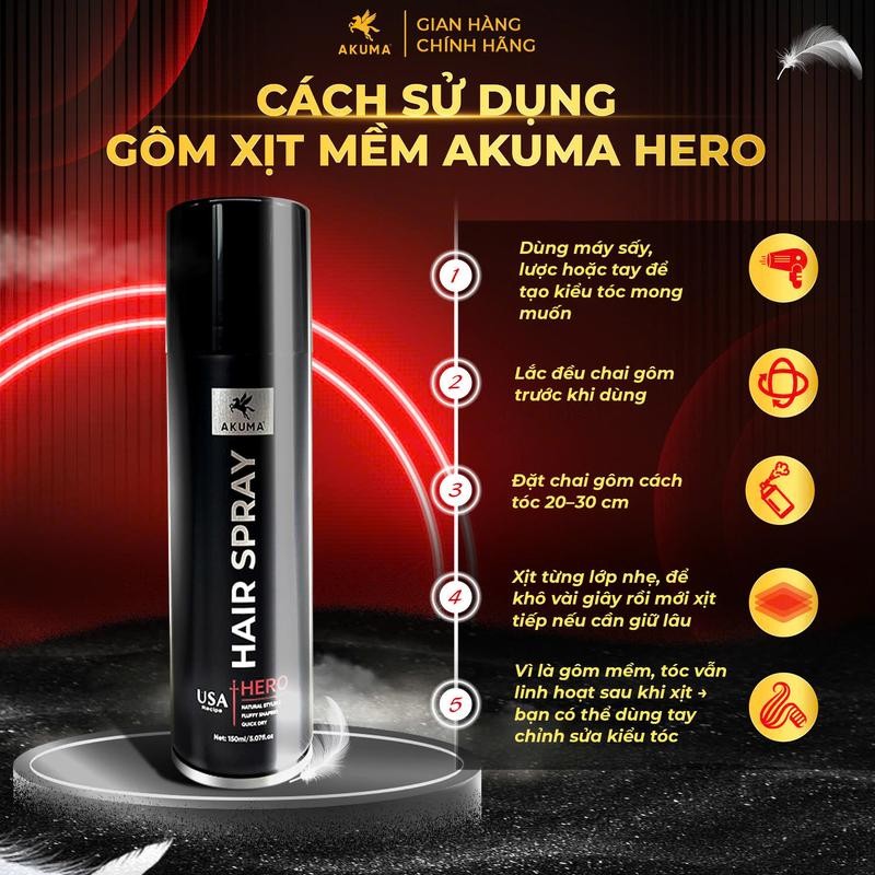Mô tả Gôm xịt tóc mềm AKUMA HERO 150ml tạo độ phồng tự nhiên, giữ nếp tạo kiểu, không gây bết và nặng tóc. - 3
