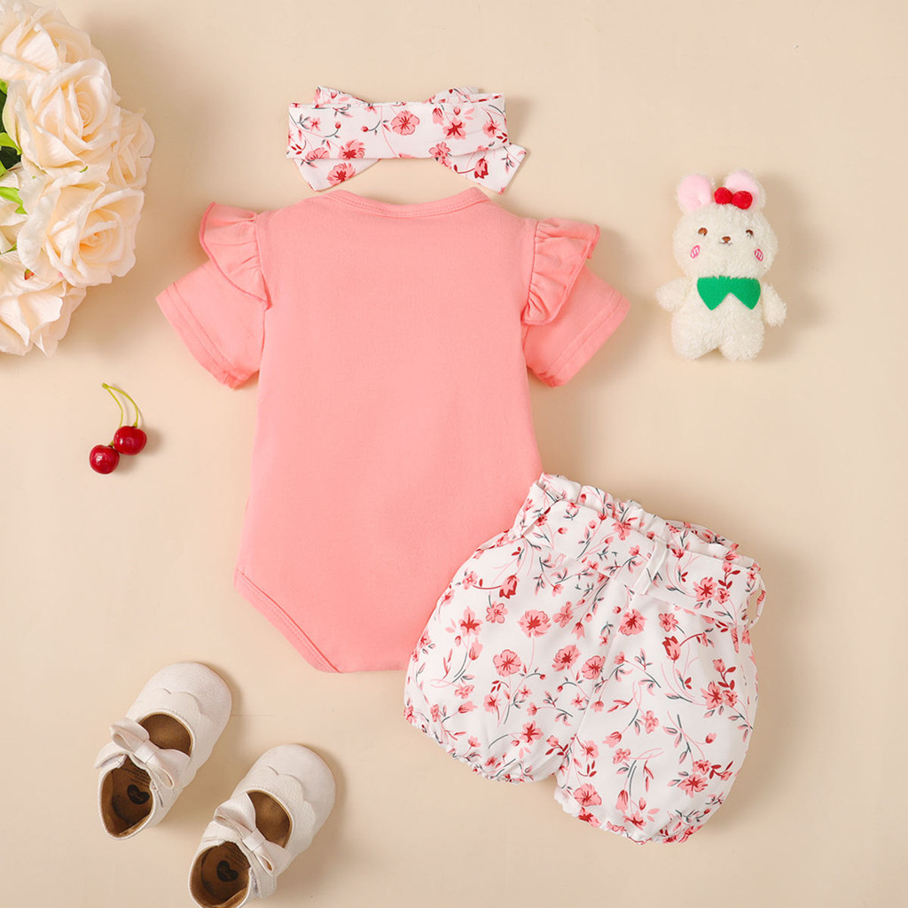 Mô tả Bộ áo liền quần tay thêu lông tơ 3 mảnh cho bé gái mùa hè + Quần short in hoa + Băng đô - Bộ trang phục dễ thương thông thường - 2