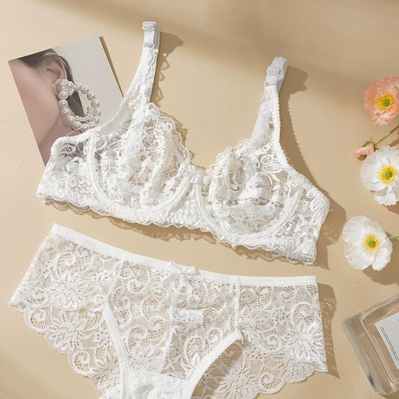 Mô tả ECMN Bộ áo ngực và quần lót ren một lớp gợi cảm rỗng dành cho nữ cỡ lớn Áo ngực nâng ngực không đệm - 2